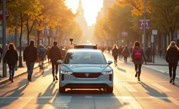 Ein sonnendurchflutetes Stadtbild mit einem eleganten, modernen Robotaxi von Waymo, das sicher und gelassen durch eine belebte, vielfältige Straßenszene mit Fußgängern und Radfahrern gleitet, während warme Lichtreflexe auf den glänzenden Karosserien und lebendige urbane Details eine freundliche, vertrauensvolle Atmosphäre schaffen.