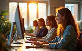 In einem hell erleuchteten, modernen Büro sitzt eine diverse Gruppe von Webentwickler:innen konzentriert vor mehreren Bildschirmen mit Code und farblich gekennzeichneten Accessibility-Checks, während warmes Sonnenlicht durch große Fenster fällt und eine freundliche, kooperative Atmosphäre schafft.