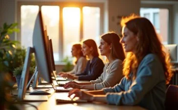 In einem hell erleuchteten, modernen Büro sitzt eine diverse Gruppe von Webentwickler:innen konzentriert vor mehreren Bildschirmen mit Code und farblich gekennzeichneten Accessibility-Checks, während warmes Sonnenlicht durch große Fenster fällt und eine freundliche, kooperative Atmosphäre schafft.