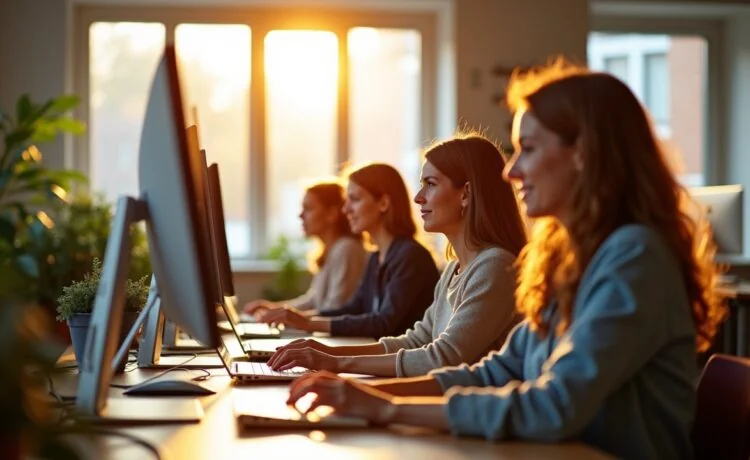 In einem hell erleuchteten, modernen Büro sitzt eine diverse Gruppe von Webentwickler:innen konzentriert vor mehreren Bildschirmen mit Code und farblich gekennzeichneten Accessibility-Checks, während warmes Sonnenlicht durch große Fenster fällt und eine freundliche, kooperative Atmosphäre schafft.