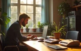 Ein freundlicher Entwickler sitzt entspannt an einem hell erleuchteten Holztisch, umgeben von liebevoll arrangierter Retro-Hardware wie einem Commodore 64, einem alten Game Boy und Vintage-Terminals, während natürliche Sonnenstrahlen durch ein großes Fenster ein warmes, heimeliges Ambiente schaffen und die Verbindung von klassischer Technik mit moderner Webentwicklung lebendig wird.