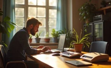 Ein freundlicher Entwickler sitzt entspannt an einem hell erleuchteten Holztisch, umgeben von liebevoll arrangierter Retro-Hardware wie einem Commodore 64, einem alten Game Boy und Vintage-Terminals, während natürliche Sonnenstrahlen durch ein großes Fenster ein warmes, heimeliges Ambiente schaffen und die Verbindung von klassischer Technik mit moderner Webentwicklung lebendig wird.