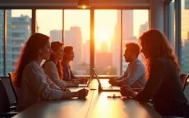 In einem hell erleuchteten, modernen Büro mit großem Panoramafenster tauschen sich diverse, konzentrierte Tech-Expert:innen unterschiedlicher Herkunft lebhaft über Zukunftstechnologien aus, während warme Sonnenstrahlen eine inspirierende Atmosphäre schaffen und innovative Köpfe im Wettlauf um KI-Talente vereinen.