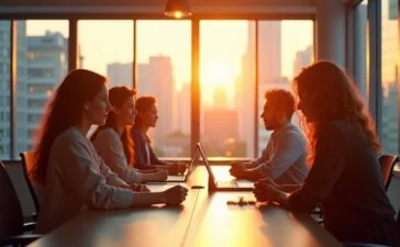 In einem hell erleuchteten, modernen Büro mit großem Panoramafenster tauschen sich diverse, konzentrierte Tech-Expert:innen unterschiedlicher Herkunft lebhaft über Zukunftstechnologien aus, während warme Sonnenstrahlen eine inspirierende Atmosphäre schaffen und innovative Köpfe im Wettlauf um KI-Talente vereinen.