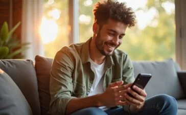 Eine strahlend helle, warme Aufnahme eines entspannt lächelnden jungen Menschen, der mit dem Smartphone in der Hand in einem sonnendurchfluteten, modernen Wohnzimmer sitzt und konzentriert die Datenschutzeinstellungen seiner WhatsApp-App überprüft – natürliche Tageslichtstimmung und einladende Atmosphäre spiegeln Vertrauen und digitale Selbstbestimmung wider.