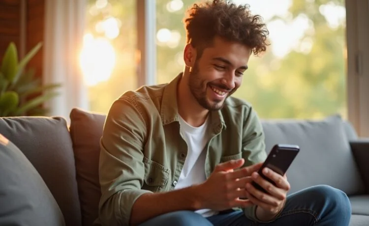 Eine strahlend helle, warme Aufnahme eines entspannt lächelnden jungen Menschen, der mit dem Smartphone in der Hand in einem sonnendurchfluteten, modernen Wohnzimmer sitzt und konzentriert die Datenschutzeinstellungen seiner WhatsApp-App überprüft – natürliche Tageslichtstimmung und einladende Atmosphäre spiegeln Vertrauen und digitale Selbstbestimmung wider.