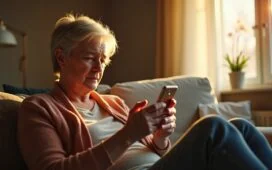 Eine warme, natürlich beleuchtete Szene zeigt eine aufmerksame Person mittleren Alters, die entspannt mit ihrem Smartphone in einem modernen, hellen Wohnzimmer sitzt, während im Hintergrund unscharf weitere digitale Geräte sichtbar sind – ein symbolisches, freundliches Bild für den aktiven Schutz vor WhatsApp-Gruppenbetrug.