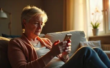 Eine warme, natürlich beleuchtete Szene zeigt eine aufmerksame Person mittleren Alters, die entspannt mit ihrem Smartphone in einem modernen, hellen Wohnzimmer sitzt, während im Hintergrund unscharf weitere digitale Geräte sichtbar sind – ein symbolisches, freundliches Bild für den aktiven Schutz vor WhatsApp-Gruppenbetrug.