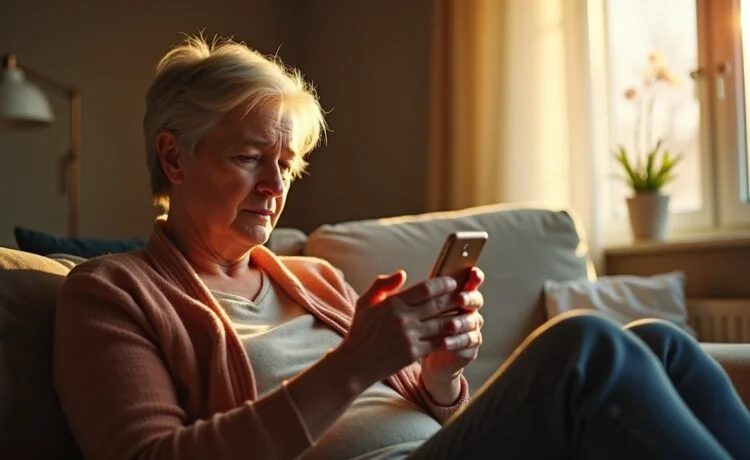 Eine warme, natürlich beleuchtete Szene zeigt eine aufmerksame Person mittleren Alters, die entspannt mit ihrem Smartphone in einem modernen, hellen Wohnzimmer sitzt, während im Hintergrund unscharf weitere digitale Geräte sichtbar sind – ein symbolisches, freundliches Bild für den aktiven Schutz vor WhatsApp-Gruppenbetrug.