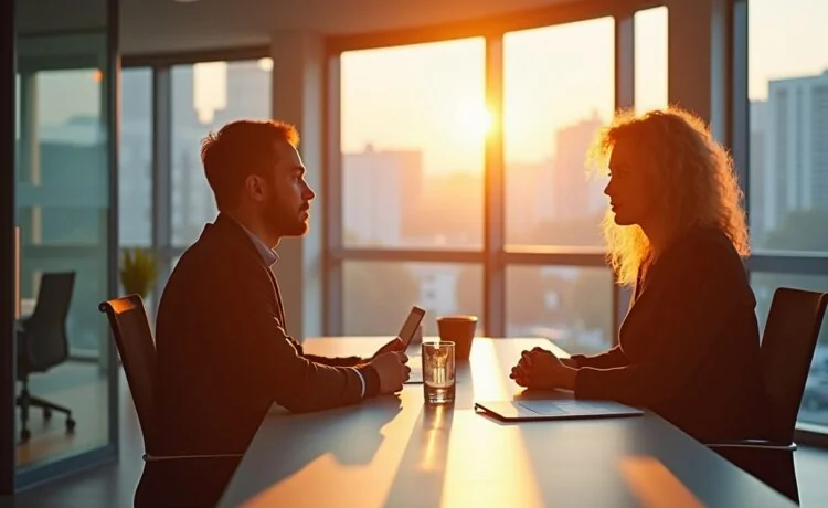 Ein hell erleuchtetes, modernes Büro mit inspirierend lächelnden IT-Profis bei lebhaftem Austausch über innovative Technologien, die in natürlichem Tageslicht eine optimistische und zukunftsorientierte Atmosphäre voller Wärme und Teamgeist schaffen.