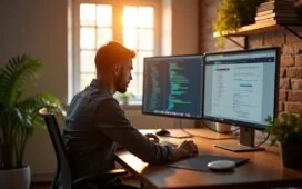 Ein hell erleuchteter, moderner Arbeitsplatz mit einem lächelnden Webdesigner, der konzentriert vor mehreren Bildschirmen sitzt, auf denen strukturierte Website-Daten und KI-Dialogfenster in einem warmen, freundlichen Umfeld sichtbar sind, das dank natürlichem Tageslicht eine einladende Arbeitsatmosphäre ausstrahlt.