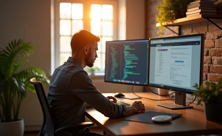 Ein hell erleuchteter, moderner Arbeitsplatz mit einem lächelnden Webdesigner, der konzentriert vor mehreren Bildschirmen sitzt, auf denen strukturierte Website-Daten und KI-Dialogfenster in einem warmen, freundlichen Umfeld sichtbar sind, das dank natürlichem Tageslicht eine einladende Arbeitsatmosphäre ausstrahlt.