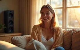 Ein warm erleuchtetes, natürlich wirkendes Porträt einer jungen Person, die lächelnd mit einem modernden, smarten Lautsprecher auf dem hellen Wohnzimmerregal interagiert, während sanftes Tageslicht durch große Fenster fällt und eine freundliche, vertrauensvolle Atmosphäre zwischen Mensch und Technologie schafft.