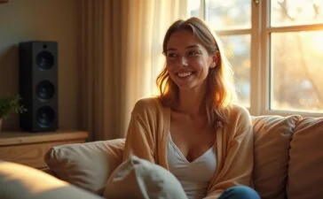 Ein warm erleuchtetes, natürlich wirkendes Porträt einer jungen Person, die lächelnd mit einem modernden, smarten Lautsprecher auf dem hellen Wohnzimmerregal interagiert, während sanftes Tageslicht durch große Fenster fällt und eine freundliche, vertrauensvolle Atmosphäre zwischen Mensch und Technologie schafft.