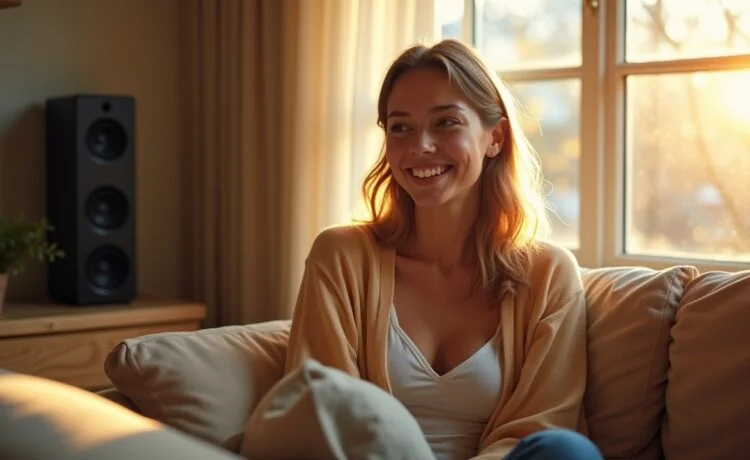 Ein warm erleuchtetes, natürlich wirkendes Porträt einer jungen Person, die lächelnd mit einem modernden, smarten Lautsprecher auf dem hellen Wohnzimmerregal interagiert, während sanftes Tageslicht durch große Fenster fällt und eine freundliche, vertrauensvolle Atmosphäre zwischen Mensch und Technologie schafft.