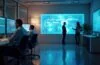 Ein lichtdurchflutetes, modernes Büro mit konzentrierten IT-Sicherheitsprofis in smarter Business-Kleidung, die vor großen Bildschirmen mit komplexen Sicherheitsgrafiken beraten, strahlt eine positive, engagierte Atmosphäre verantwortungsvoller Teamarbeit und technischer Präzision aus.