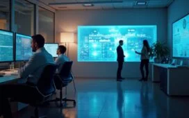 Ein lichtdurchflutetes, modernes Büro mit konzentrierten IT-Sicherheitsprofis in smarter Business-Kleidung, die vor großen Bildschirmen mit komplexen Sicherheitsgrafiken beraten, strahlt eine positive, engagierte Atmosphäre verantwortungsvoller Teamarbeit und technischer Präzision aus.