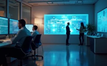 Ein lichtdurchflutetes, modernes Büro mit konzentrierten IT-Sicherheitsprofis in smarter Business-Kleidung, die vor großen Bildschirmen mit komplexen Sicherheitsgrafiken beraten, strahlt eine positive, engagierte Atmosphäre verantwortungsvoller Teamarbeit und technischer Präzision aus.