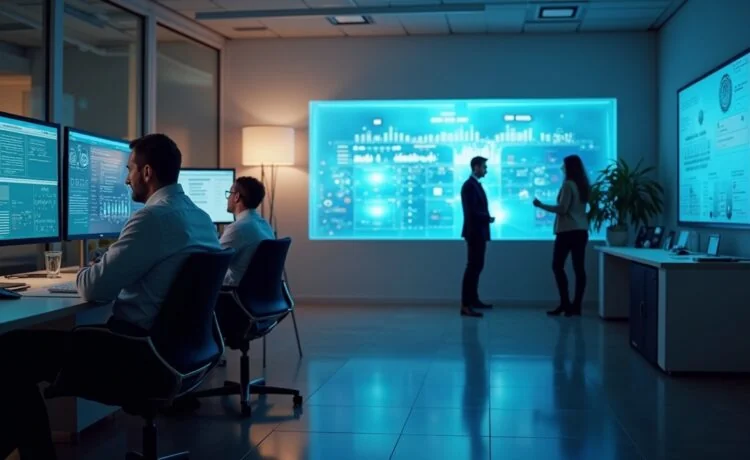 Ein lichtdurchflutetes, modernes Büro mit konzentrierten IT-Sicherheitsprofis in smarter Business-Kleidung, die vor großen Bildschirmen mit komplexen Sicherheitsgrafiken beraten, strahlt eine positive, engagierte Atmosphäre verantwortungsvoller Teamarbeit und technischer Präzision aus.