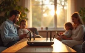 Ein heller, freundlicher Wohnraum mit natürlich einfallendem Tageslicht zeigt einen modernen Router auf einem stilvollen Beistelltisch, umgeben von entspannt lesenden Menschen und dezenten digitalen Geräten, die harmonisch Sicherheit und Vernetzung im smarten Zuhause verkörpern.