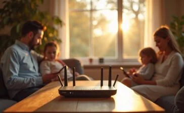 Ein heller, freundlicher Wohnraum mit natürlich einfallendem Tageslicht zeigt einen modernen Router auf einem stilvollen Beistelltisch, umgeben von entspannt lesenden Menschen und dezenten digitalen Geräten, die harmonisch Sicherheit und Vernetzung im smarten Zuhause verkörpern.
