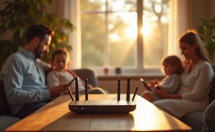 Ein heller, freundlicher Wohnraum mit natürlich einfallendem Tageslicht zeigt einen modernen Router auf einem stilvollen Beistelltisch, umgeben von entspannt lesenden Menschen und dezenten digitalen Geräten, die harmonisch Sicherheit und Vernetzung im smarten Zuhause verkörpern.