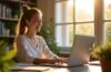Ein hell erleuchtetes, modernes Home-Office mit strahlendem Tageslicht, in dem eine lächelnde Person konzentriert an einem Laptop sitzt und entspannt eine digitale Webseite wartet, umgeben von Pflanzen und Notizbüchern – ein Bild voller Wärme, Ruhe und optimistischer Produktivität.