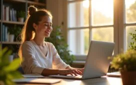 Ein hell erleuchtetes, modernes Home-Office mit strahlendem Tageslicht, in dem eine lächelnde Person konzentriert an einem Laptop sitzt und entspannt eine digitale Webseite wartet, umgeben von Pflanzen und Notizbüchern – ein Bild voller Wärme, Ruhe und optimistischer Produktivität.