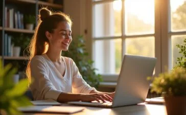 Ein hell erleuchtetes, modernes Home-Office mit strahlendem Tageslicht, in dem eine lächelnde Person konzentriert an einem Laptop sitzt und entspannt eine digitale Webseite wartet, umgeben von Pflanzen und Notizbüchern – ein Bild voller Wärme, Ruhe und optimistischer Produktivität.