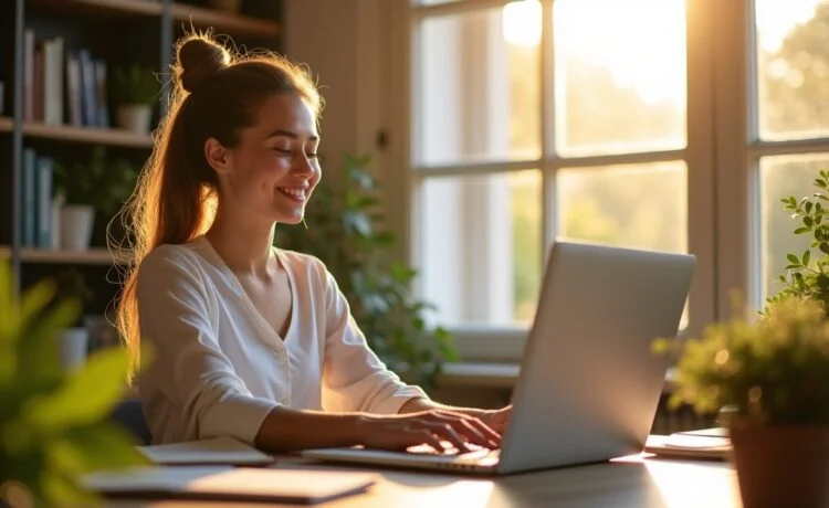 Ein hell erleuchtetes, modernes Home-Office mit strahlendem Tageslicht, in dem eine lächelnde Person konzentriert an einem Laptop sitzt und entspannt eine digitale Webseite wartet, umgeben von Pflanzen und Notizbüchern – ein Bild voller Wärme, Ruhe und optimistischer Produktivität.