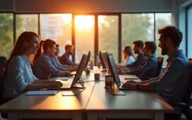 Ein hell erleuchtetes, modernes Büro mit entspannten IT-Sicherheitsexperten, die konzentriert vor ihren Bildschirmen sitzen und in freundlicher, warmer Atmosphäre gemeinsam an einem kritischen Software-Update arbeiten, wobei natürliche Sonnenstrahlen durch große Fenster fallen und eine optimistische Stimmung schaffen.