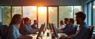 Ein hell erleuchtetes, modernes Büro mit entspannten IT-Sicherheitsexperten, die konzentriert vor ihren Bildschirmen sitzen und in freundlicher, warmer Atmosphäre gemeinsam an einem kritischen Software-Update arbeiten, wobei natürliche Sonnenstrahlen durch große Fenster fallen und eine optimistische Stimmung schaffen.