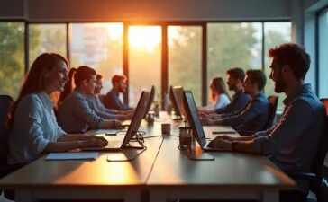 Ein hell erleuchtetes, modernes Büro mit entspannten IT-Sicherheitsexperten, die konzentriert vor ihren Bildschirmen sitzen und in freundlicher, warmer Atmosphäre gemeinsam an einem kritischen Software-Update arbeiten, wobei natürliche Sonnenstrahlen durch große Fenster fallen und eine optimistische Stimmung schaffen.