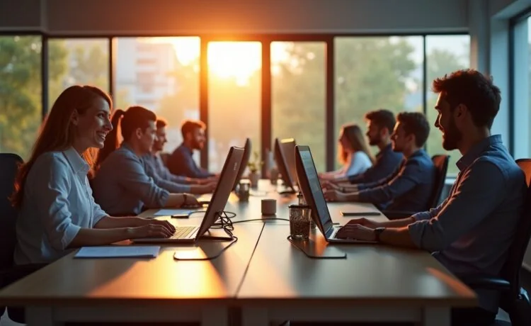 Ein hell erleuchtetes, modernes Büro mit entspannten IT-Sicherheitsexperten, die konzentriert vor ihren Bildschirmen sitzen und in freundlicher, warmer Atmosphäre gemeinsam an einem kritischen Software-Update arbeiten, wobei natürliche Sonnenstrahlen durch große Fenster fallen und eine optimistische Stimmung schaffen.