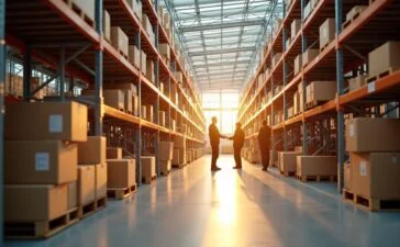 Ein sonnenbeschienenes, modernes Lagerhaus mit freundlichen Mitarbeitenden, die konzentriert und kooperativ mit fortschrittlichen Robotern und digitalen Displays arbeiten, im warmen, natürlichen Licht einer hellen morgendlichen Szene, die den Fortschritt und die menschliche Verbindung in der KI-getriebenen Arbeitswelt von Amazon und anderen Technologieriesen lebendig einfängt.