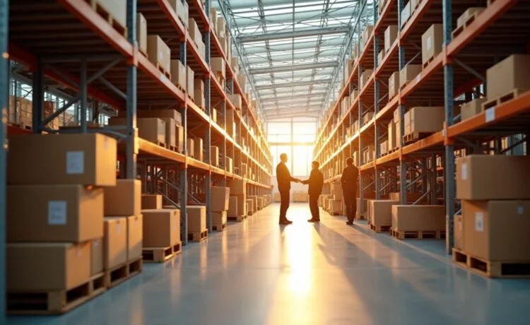 Ein sonnenbeschienenes, modernes Lagerhaus mit freundlichen Mitarbeitenden, die konzentriert und kooperativ mit fortschrittlichen Robotern und digitalen Displays arbeiten, im warmen, natürlichen Licht einer hellen morgendlichen Szene, die den Fortschritt und die menschliche Verbindung in der KI-getriebenen Arbeitswelt von Amazon und anderen Technologieriesen lebendig einfängt.