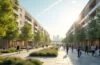 Eine helle, sonnendurchflutete Stadtlandschaft mit modernen, nachhaltig gestalteten Gebäuden und breiten Promenaden, in denen diverse Menschen entspannt flanieren und lebendig interagieren – ein einladendes urbanes Szenario, das Hoffnung und Zukunftsfähigkeit zeitgemäßer Stadtplanung ausstrahlt.