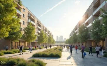 Eine helle, sonnendurchflutete Stadtlandschaft mit modernen, nachhaltig gestalteten Gebäuden und breiten Promenaden, in denen diverse Menschen entspannt flanieren und lebendig interagieren – ein einladendes urbanes Szenario, das Hoffnung und Zukunftsfähigkeit zeitgemäßer Stadtplanung ausstrahlt.