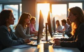 In einem hell erleuchteten, modernen Büro sitzen diverse Webentwickler:innen konzentriert und lächelnd vor ihren Bildschirmen, während weiches Tageslicht durch große Fenster fällt und eine Atmosphäre von innovativer Zusammenarbeit zwischen Mensch und KI schafft.