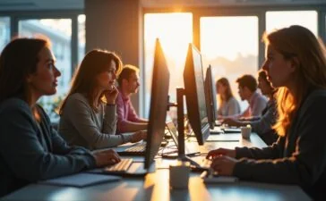 In einem hell erleuchteten, modernen Büro sitzen diverse Webentwickler:innen konzentriert und lächelnd vor ihren Bildschirmen, während weiches Tageslicht durch große Fenster fällt und eine Atmosphäre von innovativer Zusammenarbeit zwischen Mensch und KI schafft.