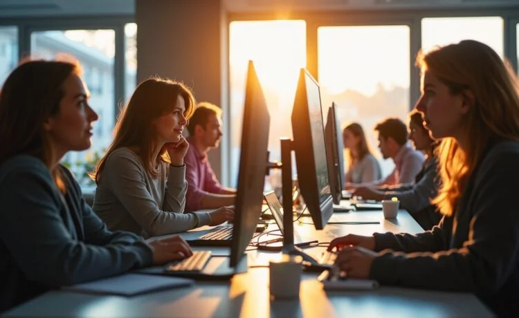 In einem hell erleuchteten, modernen Büro sitzen diverse Webentwickler:innen konzentriert und lächelnd vor ihren Bildschirmen, während weiches Tageslicht durch große Fenster fällt und eine Atmosphäre von innovativer Zusammenarbeit zwischen Mensch und KI schafft.