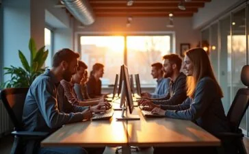 Ein modernes, lichtdurchflutetes Entwicklerbüro mit freundlichen Menschen, die konzentriert an hellen Monitoren innovative App-Frameworks programmieren, umgeben von natürlichem Tageslicht und warmen Holzakzenten, das die zukunftsweisende Verschmelzung von Technologie und Kreativität in einer einladenden Atmosphäre widerspiegelt.