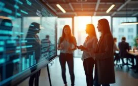 Ein strahlend helles, natürlich beleuchtetes Editorial-Foto zeigt ein modernes Start-up-Büro mit motivierten Tech-Expert:innen in angeregtem Austausch vor transparenten Bildschirmen, die komplexe KI- und nachhaltige IT-Daten visualisieren, und vermittelt eine warme, zukunftsorientierte Atmosphäre voller Innovationsgeist und kollaborativer Energie.