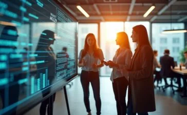 Ein strahlend helles, natürlich beleuchtetes Editorial-Foto zeigt ein modernes Start-up-Büro mit motivierten Tech-Expert:innen in angeregtem Austausch vor transparenten Bildschirmen, die komplexe KI- und nachhaltige IT-Daten visualisieren, und vermittelt eine warme, zukunftsorientierte Atmosphäre voller Innovationsgeist und kollaborativer Energie.