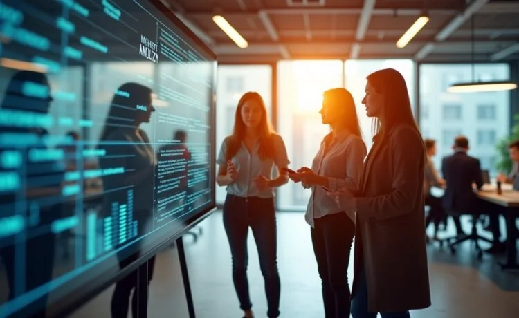 Ein strahlend helles, natürlich beleuchtetes Editorial-Foto zeigt ein modernes Start-up-Büro mit motivierten Tech-Expert:innen in angeregtem Austausch vor transparenten Bildschirmen, die komplexe KI- und nachhaltige IT-Daten visualisieren, und vermittelt eine warme, zukunftsorientierte Atmosphäre voller Innovationsgeist und kollaborativer Energie.