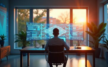 Ein hell erleuchtetes, modernes Büro mit freundlicher Atmosphäre, in dem ein konzentrierter IT-Experte vor mehreren transparenten Display-Interfaces sitzt, die dynamisch vernetzte Datenströme und Sicherheitsanalysen zeigen, während warmes Tageslicht durch große Fenster fällt und die fortschrittliche KI-Technologie für Cyber-Sicherheit lebendig und einladend inszeniert.
