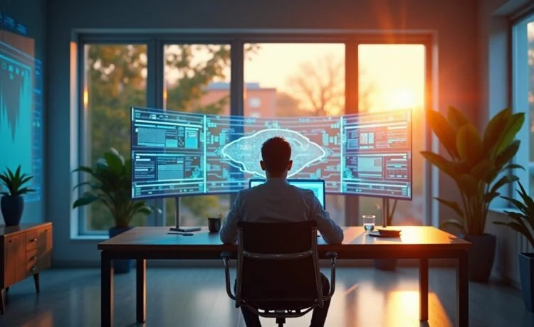Ein hell erleuchtetes, modernes Büro mit freundlicher Atmosphäre, in dem ein konzentrierter IT-Experte vor mehreren transparenten Display-Interfaces sitzt, die dynamisch vernetzte Datenströme und Sicherheitsanalysen zeigen, während warmes Tageslicht durch große Fenster fällt und die fortschrittliche KI-Technologie für Cyber-Sicherheit lebendig und einladend inszeniert.