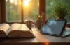 Ein heller, warm beleuchteter Arbeitsplatz mit einem offenen Buch neben einem modernen Tablet, auf dem eine Übersetzungssoftware zu sehen ist, umgeben von sanften Holz- und Grüntönen, die eine freundliche, reflektierende Atmosphäre der sorgfältigen Abwägung zwischen Technik und menschlicher Kreativität schaffen.