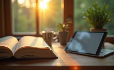 Ein heller, warm beleuchteter Arbeitsplatz mit einem offenen Buch neben einem modernen Tablet, auf dem eine Übersetzungssoftware zu sehen ist, umgeben von sanften Holz- und Grüntönen, die eine freundliche, reflektierende Atmosphäre der sorgfältigen Abwägung zwischen Technik und menschlicher Kreativität schaffen.