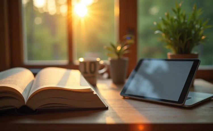 Ein heller, warm beleuchteter Arbeitsplatz mit einem offenen Buch neben einem modernen Tablet, auf dem eine Übersetzungssoftware zu sehen ist, umgeben von sanften Holz- und Grüntönen, die eine freundliche, reflektierende Atmosphäre der sorgfältigen Abwägung zwischen Technik und menschlicher Kreativität schaffen.